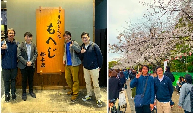 （左）左から、ヤン、トミー、私のラボの大学院生のF、カーホン。（右）ちょうど桜の季節と重なっていて、カーホンとヤンは、上野公園の満開の桜を満喫した。