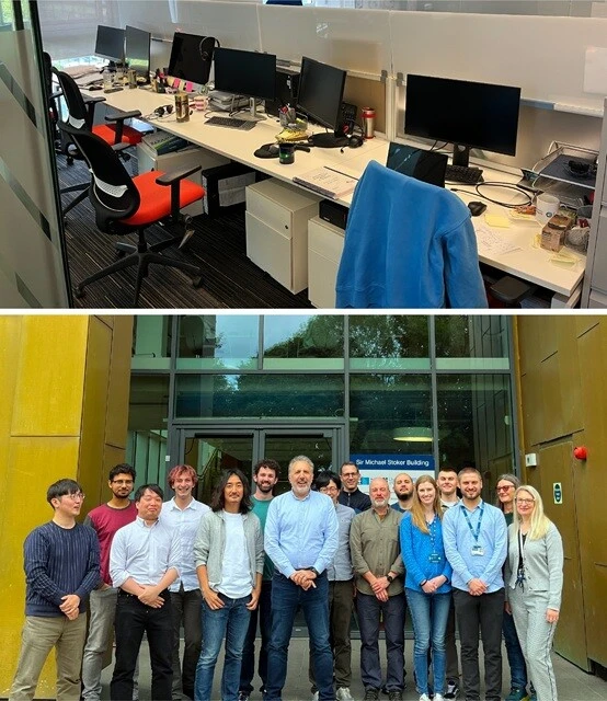 （上）10年前に私が使っていたデスク（いちばん右の席）。（下）グラスゴーツアー参加のメンバー。