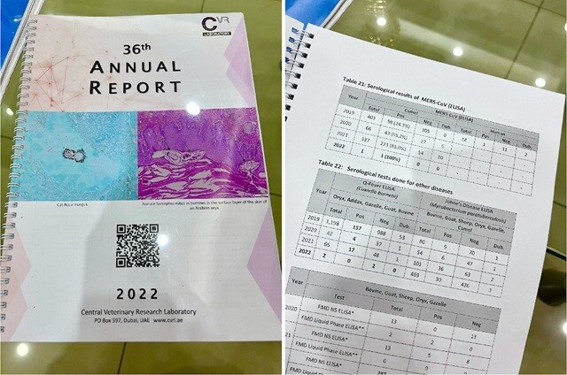 （左）中央獣医研究所の報告書。（右）MERSウイルスについての血清調査の結果。ここで、ラクダについての調査研究が行われていることの証拠である