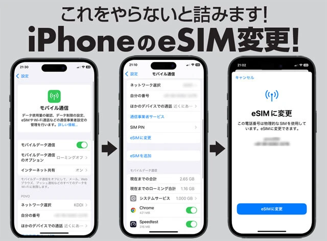 （左）17シリーズ、Airを利用するには、現在使用中のiPhoneシリーズで事前にeSIMを設定する必要がある。まずは【設定→モバイル通信】を表示。（中）モバイル通信を表示し下にスクロールすると、通信事業者がeSIMに対応している場合は「eSIMに変更」という項目があるので、こちらを選択。（右）選択後はeSIMに変更の設定画面が表示されるので、画面下の「eSIMに変更」をタッチすれば設定できる