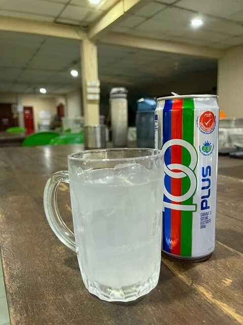 ジャングルウォークの後に飲む、氷を浮かべてキンキンに冷えた「100PLUS」。マレーシアのポカリのようなもの。微炭酸。めっちゃうまい。