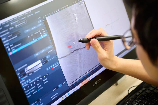 化石をCTスキャンし、画面に映し出す最新機器が研究室に備えられている