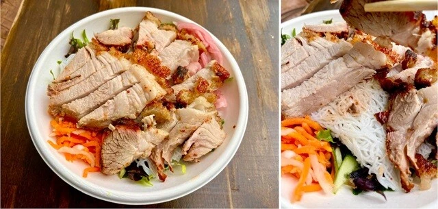 (左)フィッツロイ地区のベトナム料理屋で食べた「ブンとクリスピーポークのサラダまぜそば」。添えられたソースの写真を撮らなかったのは痛恨だったが、めちゃくちゃに美味いブンのまぜそばだった。(右)山盛りのポークの下には、こんな感じでブン(そうめんのような形状の米麺。ちなみに「フォー」とは、きしめんのような平打ち麺の米麺のこと)が載っている。