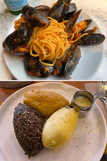 今回の滞在で食べたムール貝のパスタ（上）とハギス（下）。どちらもとても美味しかった。