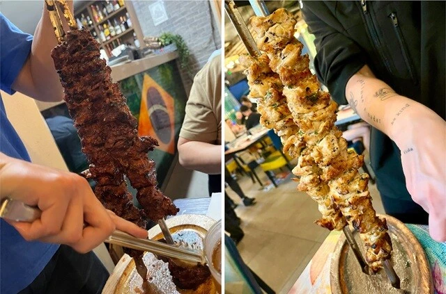 （左）カンガルー肉のバーベキュー。これは普通においしかった。（右）クロコダイル肉のバーベキュー。これもやはり普通においしかった