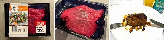 (左)スーパーで見つけたカンガルー肉。1キロ22ドル(約2200円)。(中央)開封。もう独特の臭いが漂う。(右)ステーキにしてみたが、ちょっと食べられたものではなく、結局バラバラに細切れにして、焼肉のようにしてなんとか完食した。