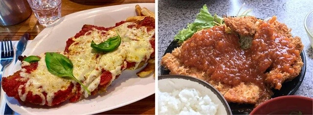 (左)メルボルン名物という「チキンパルマ」。オシャレにおいしい味。(右)参考まで、京都の貧乏学生の味方、京都・百万遍にある定食屋「ハイライト」のチキンカツ定食。こうやって並べてみると、なんとなく似てなくもない?