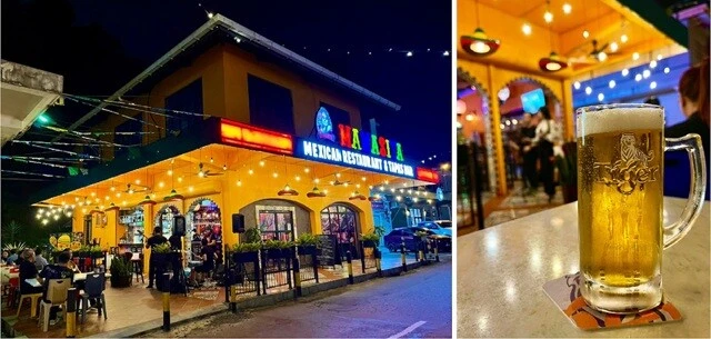 ホテルの近くでたまたま見つけたバー（左）と、そのテラス席で飲んだ、よく冷えたタイガービール（右）。