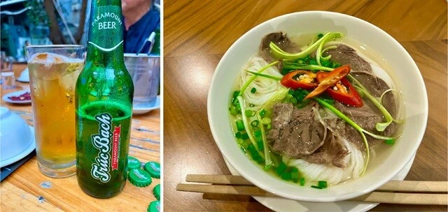 (左)酷暑の中で仕事を終えた後に飲む冷えたビールは格別である。(右)シメのフォー。牛肉のフォーだった。
