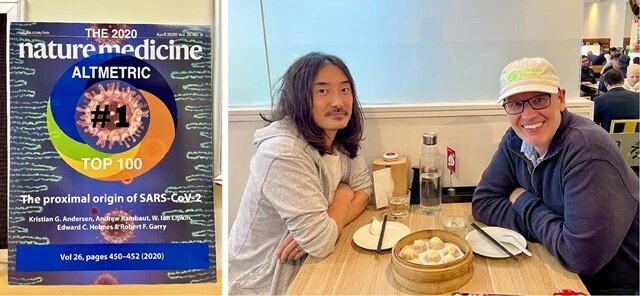（左）エディーの教授室に飾ってあったパネル。通称「Proximal Origin論文」は、新型コロナの起源に言及する重要な総説論文で、2020年の閲覧数1位の論文になった。しかし一方で、陰謀論者たちの非難の的にもなっている。（右）私とエディー。「鼎泰豊（ディンタイホン）」で小籠包を食べた。