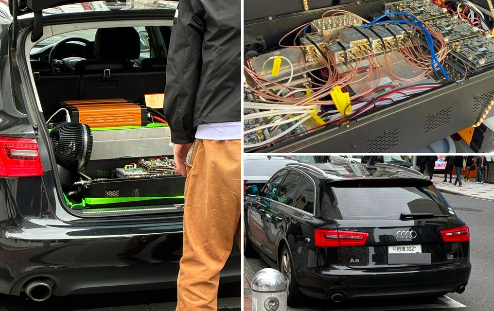 都市部での目撃情報が相次ぐ、携帯基地局を搭載した謎の車両。ここから日本では使用されていない携帯電波である2Gを発信し、周囲のスマホへフィッシングSMSを送信している。写真／電波やくざ（@denpa893）氏のXより