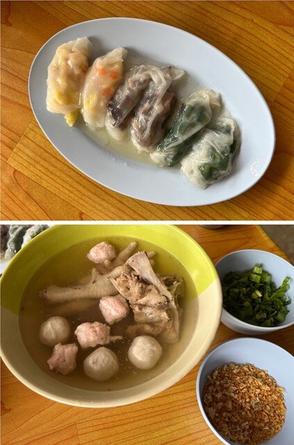 （上）チャチーュンサオ県の郷土料理であるらしい、「クイッティアオ・パークモー」。（下）それをスープに入れて食べる。