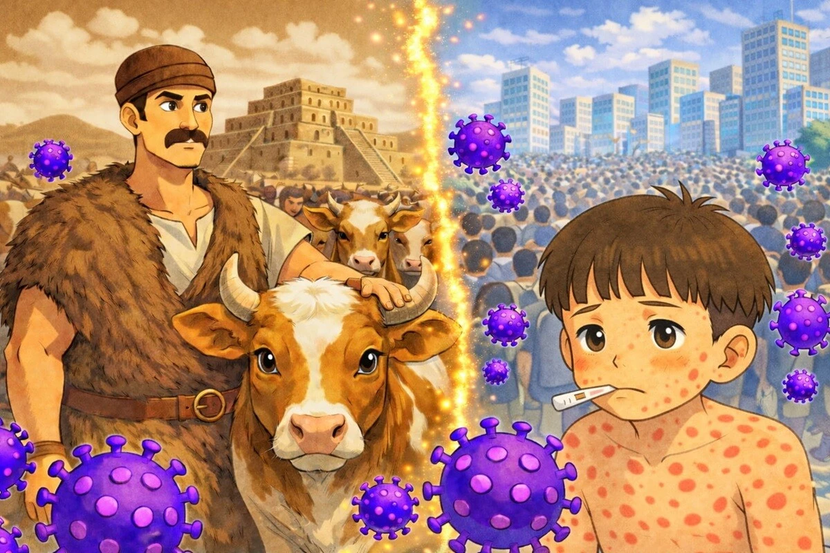 ヒトの麻疹ウイルスは、ウシの「牛疫ウイルス」がヒトに「スピルオーバー（異種間伝播）」することで生まれた、と考えられている（画像はAIで生成）