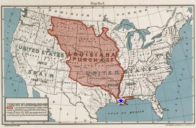 「ルイジアナ購入」によってアメリカ合衆国が得た領土。アメリカ議会図書館所蔵の画像を引用・改変。赤く塗られた領域が、1803年にフランスからアメリカへ売却された領土。参考まで、当初アメリカが欲しかった港町「ニューオーリンズ」は青い星印のところにある。