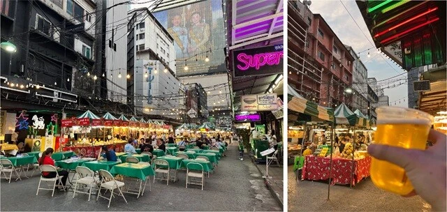 （左）夕暮れのパッポンストリート。まだ人影は少ない。（右）まずはチャーンビールを一杯飲んでひと息。