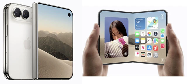 外側は5.36インチ、展開した内側は7.58インチのディスプレーを搭載するApple初のフォルダブルスマホ。内側ディスプレーではiPadシリーズのようなマルチタスクがサクサク行なえ、展開したスタンドモードで卓上クロックとしても利用できる。カメラは広角＋超広角でズームは非搭載。本体重量約254gという超ヘビー級スマホ！