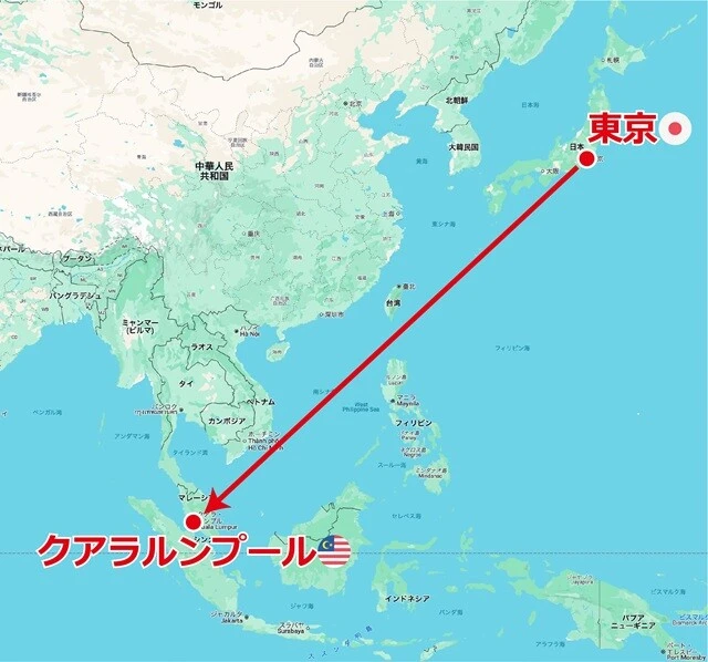 東京→クアラルンプール（飛行時間7時間半、クアラルンプールと東京の時差は-1時間）