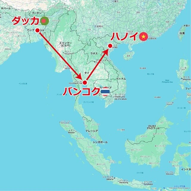 ダッカ→バンコク→ハノイ（移動時間6時間、ハノイとダッカの時差は+1時間）。ここでひとつ、妙なことに気がついた。ハノイを軸にすると、日本は+2時間、ダッカは-1時間。これは経度的にわかる（ハノイに比べて日本は東にあり、ダッカは西にあるから）。しかしなぜ、クアラルンプールとシンガポールは、ハノイより西に位置するのに、ハノイに比べて+1時間（1時間進んでいる）？