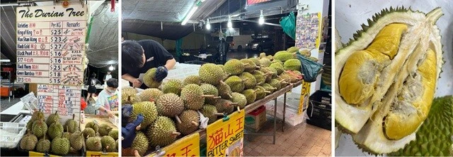 （左）ドリアン市場の品揃え。たくさんの品種がある。（中央）市場に並ぶドリアン。素人目には区別がつかないが、品種によって形も色も違うし、美味いものと不味いものも、外見で区別がついたりするらしい。ちなみにここの市場はプロであるようで、割ってみて身がイマイチだと、それを捨てて新しい実を開けてくれたりもしていた。（右）割った中身。この「身」の部分を、ビニール手袋をはめた手で持ってかぶりつく。
