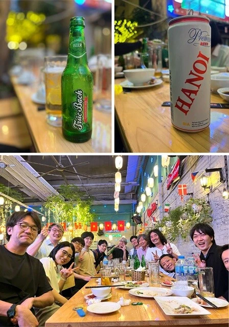 （左上）Truc Bach（「チュック・バック」と読む）というベトナム産のビール。さっぱりしていておいしい。薄いのでぐびぐび飲める。（右上）ハノイビール。これは正直ちょっといまいち。（下）いつものビアホイで、決起集会の一幕。