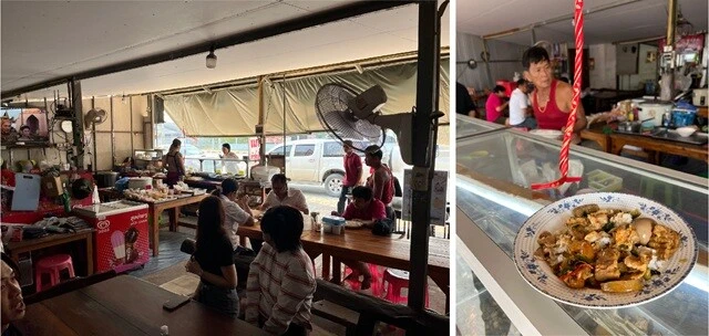 （左）道すがらにあった定食屋。数年前の私だったら、正直ちょっとギョッとして、こんな店には入れなかったのではないかと思う。タイを訪れる回数が増えたこと、私以外全員タイ人の旅路だったこと、そしてなにより、小林眞理子さんの漫画を読んでいたこともあって、抵抗感なく食事を楽しむことができた。（右）こんな感じのごはんを食べた。白米にカレーや具材を好きに盛り付けてもらって食べるぶっかけ飯風。ちゃんと旨い。