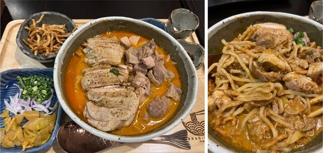 カオソーイ（左）。汁が濃いので、混ぜるとこんな感じにまぜそばみたいになる（右）。