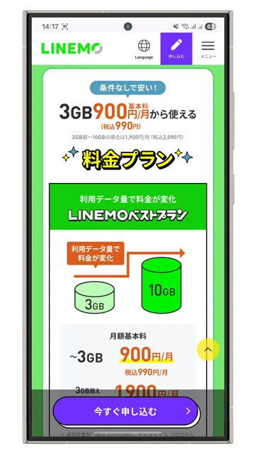 【ソフトバンク】LINEMO　3GB 990円／月　LINEの通話やトークでギガを消費しないのが特徴。月にギガを3GBを超えて消費した場合でも10GB以下なら月額2090円で利用可能。各種セット割や家族割には対応せず、シンプルに使えるのが特徴だ