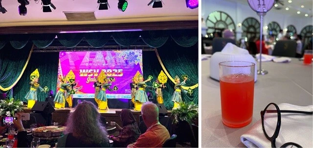 （左）ガラディナーでの催し。マレーシアの伝統芸能のお披露目。こういう催しは、海外の国際会議あるある。（右）アルコールの代わりに提供された、謎の甘い飲み物。地元の参加者いわく、「色をつけたただの砂糖水」らしい。