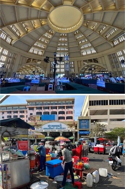 （上）セントラルマーケットの建屋内はこんな感じ。「アール・デコ様式」とかいう建物であるらしい。（下）オルセーマーケットの入り口周辺。なかなかなカオス。