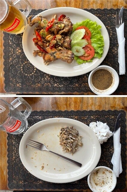 （上）食前。（下）食後。写真右下の小皿にあるのがペッパーソース。