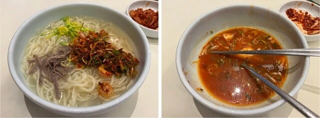 （左）身振り手振りで注文した麺料理。カルグクスだとばかり思ってあとでナムに訊いたら、これは違うとのこと。カルグクスの「カル」は包丁、「ククス」は麺を意味するらしく、いわゆる中国の「刀削麺」のようにして作られたものだけを「カルグクス」と呼ぶらしい。「ああ、これはxxxだ」とナムは言ったが、なんと言ったのかは聞き取れなかった。（右）食後。付け合わせのキムチを溶きながら食べていたら、食べ終わる頃には真っ赤になっていた。