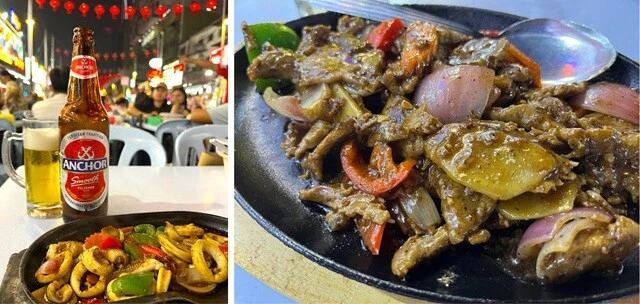 （左）マレーシア唯一の国産のビールであるという「アンカービール」とイカの黒コショウ炒め。（右）牛肉の黒コショウ炒め。経験上、「黒コショウ炒め」にハズレはない。