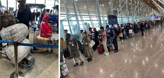 （左）そのラップと毛布に包まれた荷物の中にはいったい何が……？　（右）とんでもない行列。これは飛行機の搭乗前の手荷物チェックに並ぶ行列。
