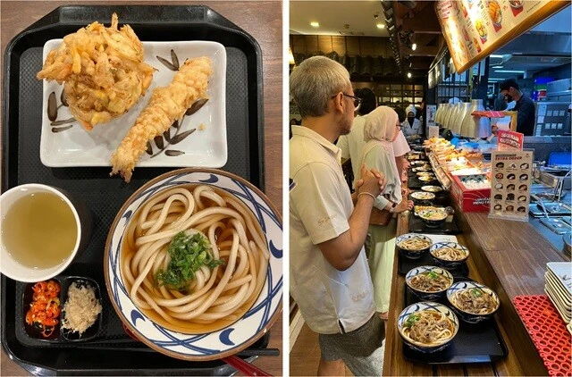 （左）ボゴールの丸亀製麺。かけうどんにかき揚げ、海老フライ。これで900円くらい。普通においしかった。が、インドネシア仕様に、トッピングにはチリが置いてあった。（右）配膳から会計までの列。10分以上待ったが、いったいなににそんなに時間が......？
