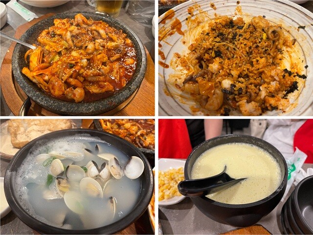 晩餐。（左上）チュクミ。（右上）チュクミにご飯と韓国海苔を入れて炒めたもの。これがベストに美味かった。（左下）あさりのスープ。めっちゃ沁みる。（右下）ババナマッコリ。