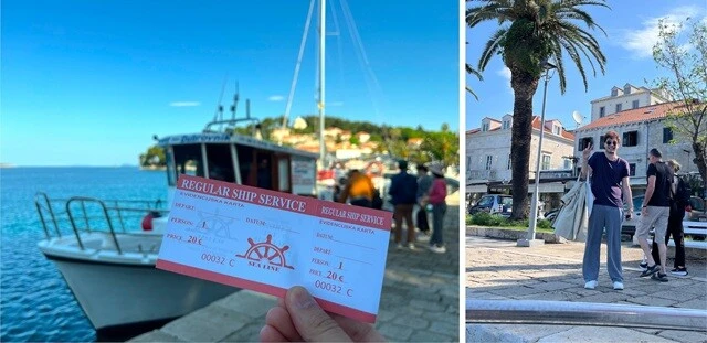 （左）ボートの往復チケット。20ユーロ。（右）私のラボのギリシャ人ポスドクS。ボート乗り場でまた遭遇した。