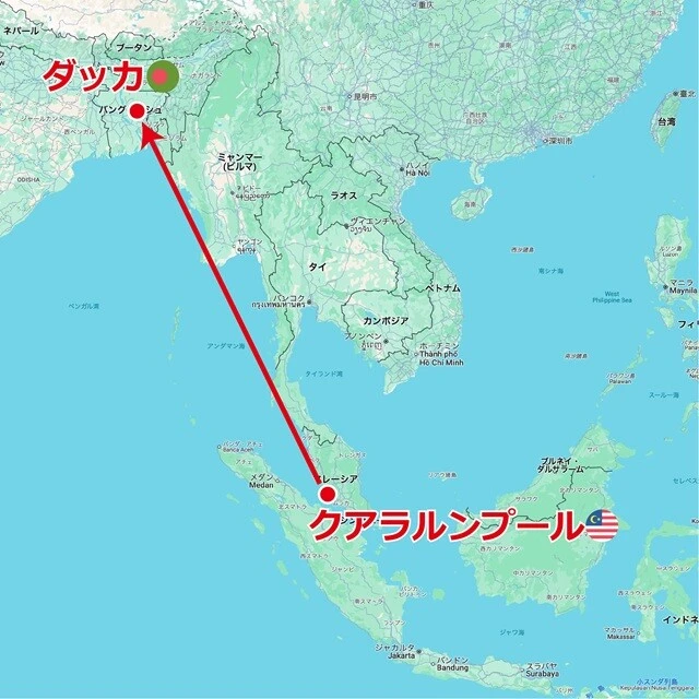 クアラルンプール→ダッカ（飛行時間4時間、ダッカとクアラルンプールの時差は-2時間）