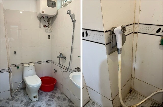 ヴァンバンのホテルの部屋の洗面所。シャワーブースとトイレが一体型。気が抜けていたのか、東南アジアでは必須の「用を足す前のトイレットペーパーチェック」を怠って用（大）を足してしまい、東南アジアでよく見かけるハンディータイプのウォシュレットシャワー（右）を初めて使うハメに。当然床はびちゃびちゃになった。