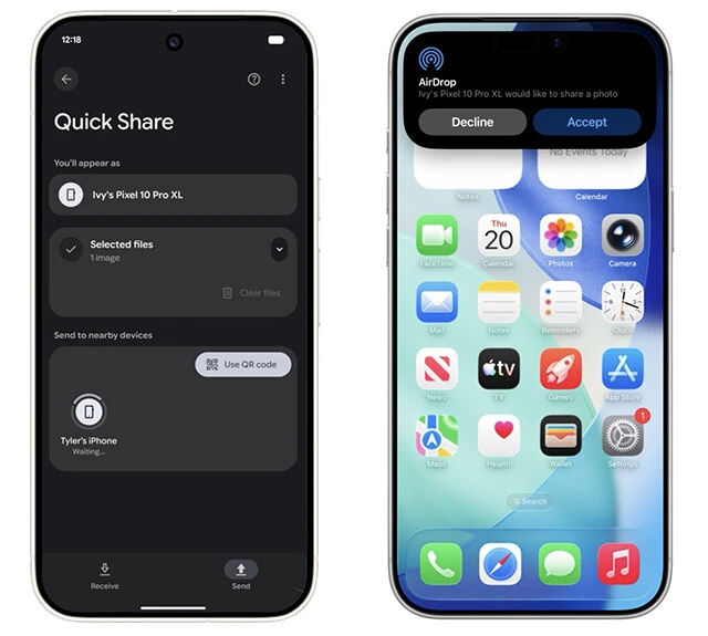 Googleが公開したQuick ShareとAirDropのファイル共有の様子。Google Pixel 10シリーズ（左）から、iPhoneのAirDrop（右）へ画像の送信が可能に。もちろん、その逆もOK。追加のアプリは必要なくOS間のみで動作する画期的なシステム！