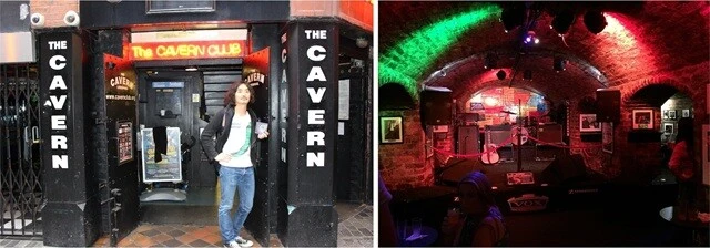 （左）ビートルズがデビューしたライブハウスとして有名な「The Cavern Club（キャバーンクラブ）」。2015年に訪れた時の写真。（右）中はこんな感じの、ライブスペースがあるパブ。
