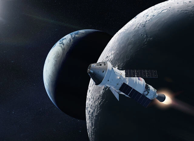 アルテミス計画で、月面付近を飛行するオリオン宇宙船のイメージ画像