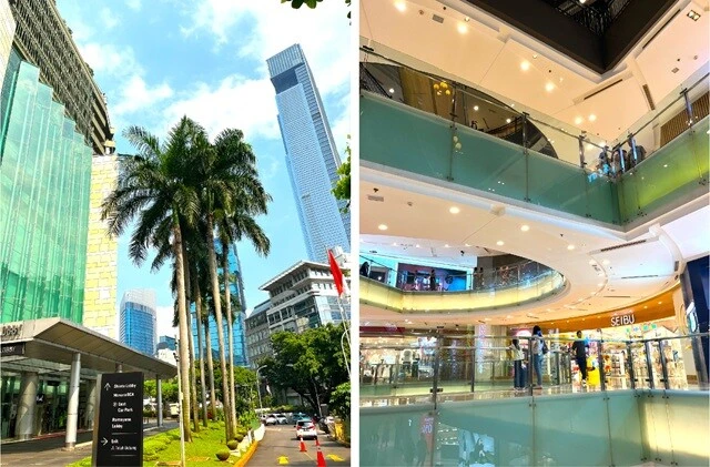 （左）都心にあるショッピングモールのひとつ「グランドインドネシア」。（右）その一部の「SEIBU（西武百貨店）」。