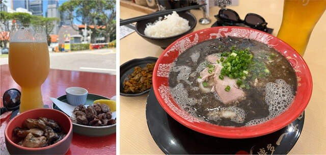 （左）お気に入りになったクラフトビール屋のヘイジーIPA。おいしいけど、1パイント2500円。（右）ちょっと食べてみた、シンガポールの「一風堂」のラーメン。調子に乗って餃子にライス、ビールもつけたら会計がサクッと5000円を超えた。