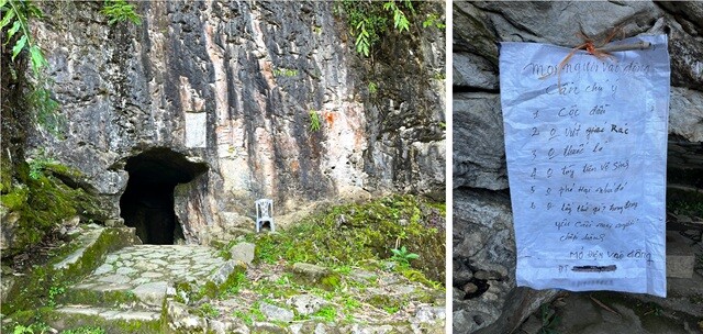 （左）急遽、初日のサンプリングサイトに決まった「サパの洞窟」。（右）洞窟手前に貼られた注意書きの貼り紙。NHKチームが雇った通訳いわく、「中では飲食禁止」「喫煙禁止」などということが書いてあるらしい。要は、観光客向けの注意書きである。