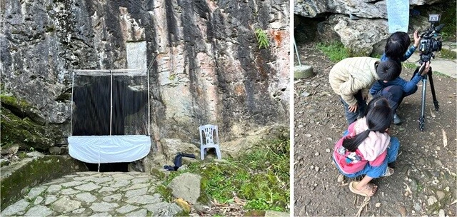（左）洞窟の入り口に設置した「ハープトラップ」と「ミストネット」。（右）そしてそれを撮影するNHKのカメラマンと、それを後ろから覗き込むザオ族の子どもたち。