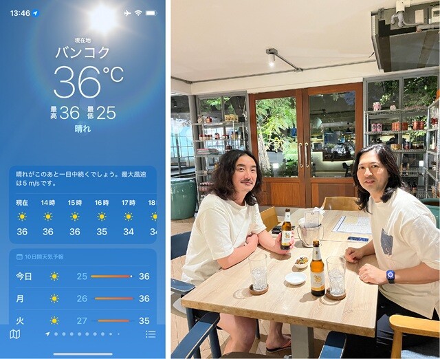 （左）この日の気温。10分ほど外を歩いても、ちょっと汗ばむくらいで快適な気候だったのだが、まさかの36度。（右）久しぶりにSさんと。ロン毛のおっさんふたり。