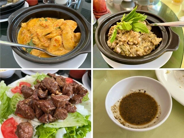 ランチに食べたカンボジア料理。（左上）アモックという定番のカンボジア料理。辛くないカレーみたいな、スープみたいな。（右上）チャートロップ。ナスと肉味噌炒めみたいな。食べたことのない不思議な風味でおいしい。（左下）ロックラック。牛肉のサイコロステーキのオイスターソース炒めみたいな。これを、カンボジア胡椒と塩のパウダーにライムのソースを絞って混ぜたペースト状のソース（右下）につけて食べる。これがめちゃくちゃうまい！　氷を浮かべた薄い東南アジアのビールのアテにピッタリ。