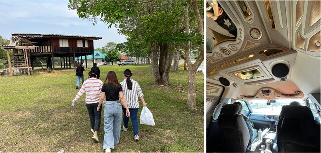 （左）ガールズトリップさながら。タイのカウンターパートであるスパポーン女史の研究チームからは6人が参加した。（右）今回のバンの内装。139話よろしく、今回もゴージャスな内装のバンだった。